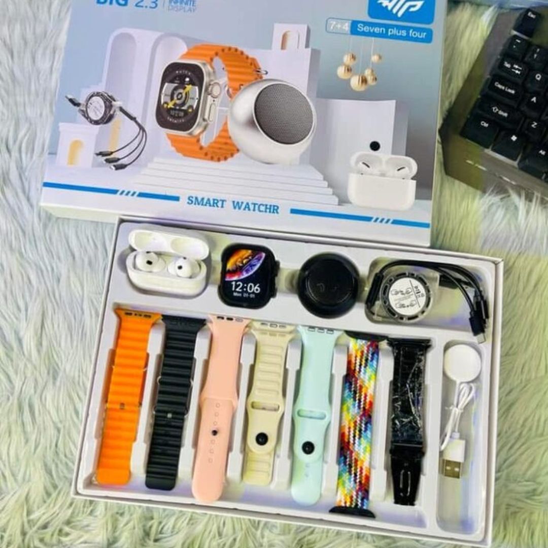 Pack 7+4 montre intelligente avec écouteurs et accessoires en bonus